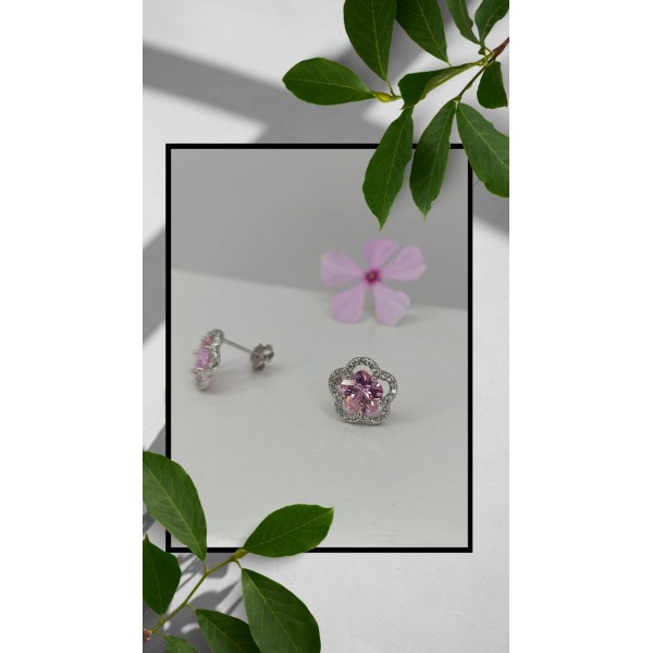 925 Sterling Silver Pink Sapphire Flower Earring