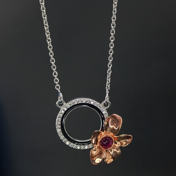 925 Sterling Silver Round Pendant with Abstract Rose Gold Flower