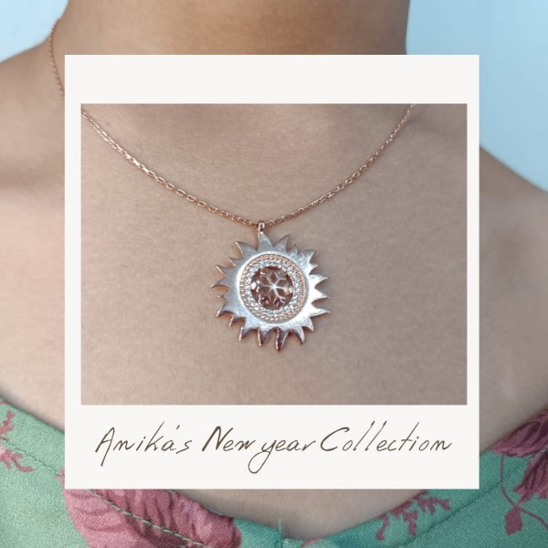  925 Sterling Silver Rose Gold Vermeil Snowflake in Sun Necklace With Zirconia Stones Rose Gold Pendent and Chain 
