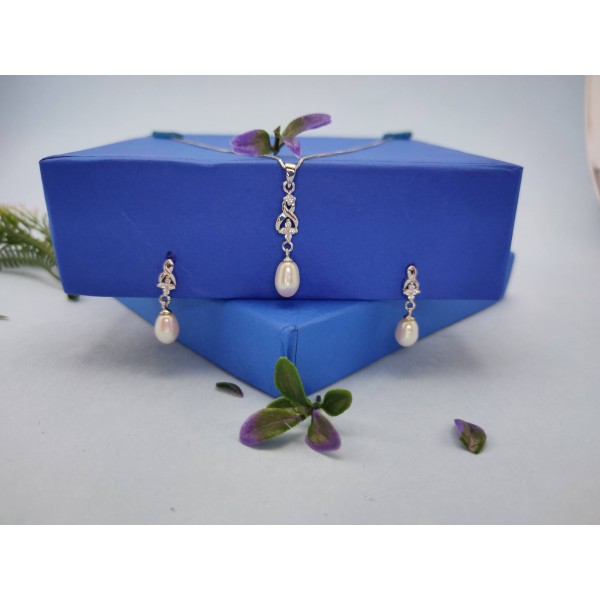 925 Sterling Silver Moonlight Pearls Pendant Earring Chain Jewellery Set