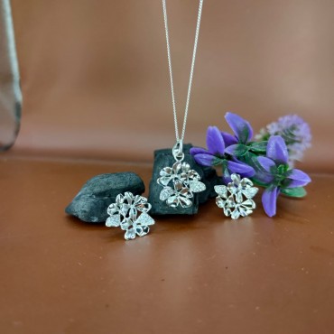 925 Sterling Silver Flower Bunch Pendant Earring Chain Jewellery Set